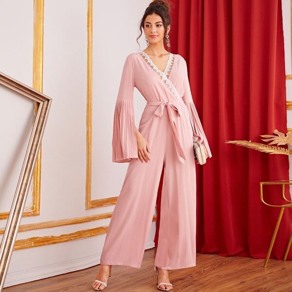 

Embroidered Mesh Surplice Neck Split Bell Sleeve Jumpsuit, Pink