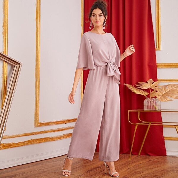 

Zipper Back Tie Front Peekaboo Palazzo Jumpsuit