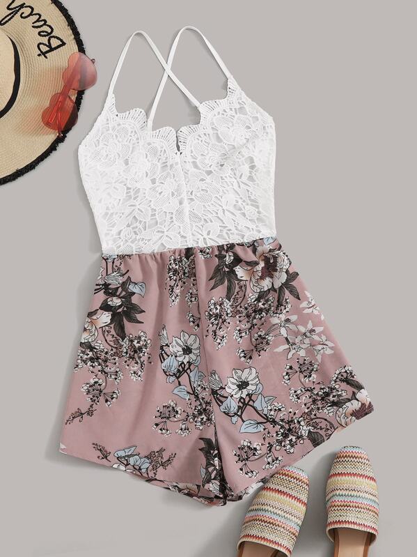 

Crisscross Back Guipure Lace Overlay Bodice Combo Playsuit, Multicolor