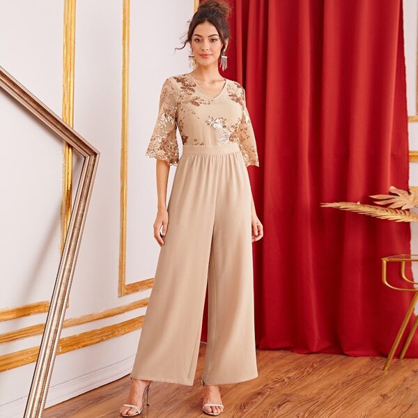 

Sequin Insert Wide Leg Jumpsuit, Beige