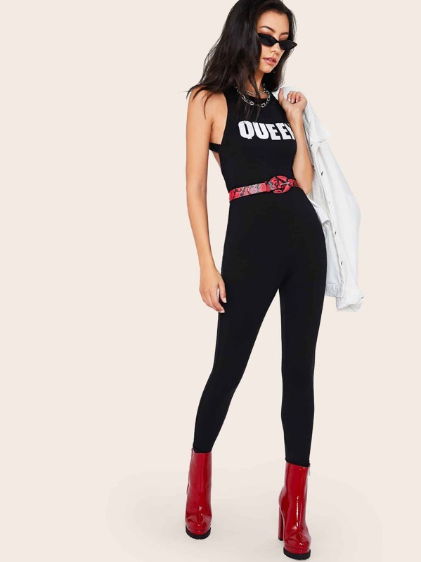 

Letter Criss-cross Backless Jumpsuit, Black, Candace