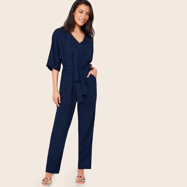 

V-neck Patch Pocket Belted Jumpsuit, Navy