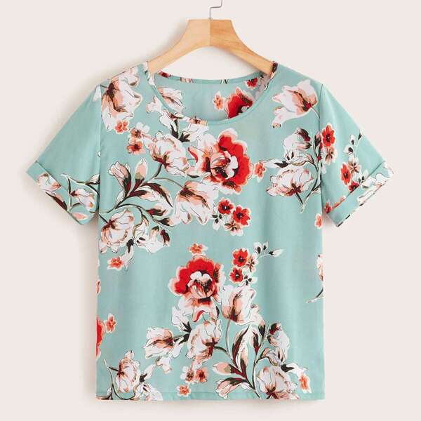 

Floral Print Rolled Cuff Blouse