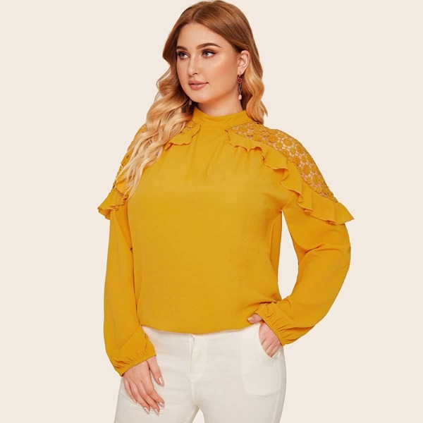 

Plus Mock Neck Lace Panel Ruffle Blouse