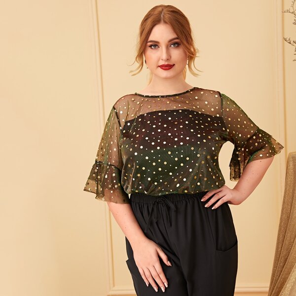 

Plus Dobby Mesh Flounce Sleeve Metallic Blouse