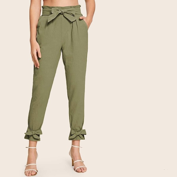 

Bow Hem Paperbag Waist Belted Pants