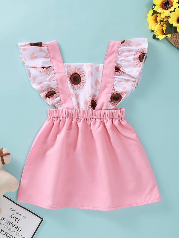 

Baby Girl Sunflower Print Ruffle Trim Dress, Pink