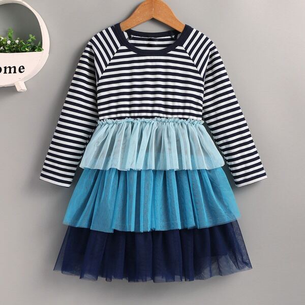 

Toddler Girls Striped Layered Ruffle Mesh Dress, Multicolor