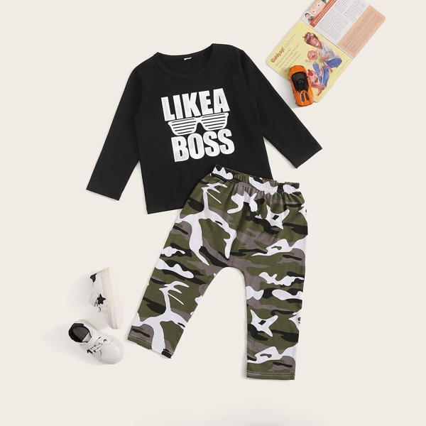 

Toddler Boys Letter Print Tee With Camo Print Pants