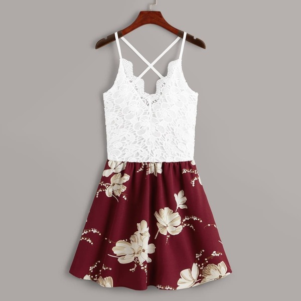 

Floral Print Tie Back Contrast Lace Dress