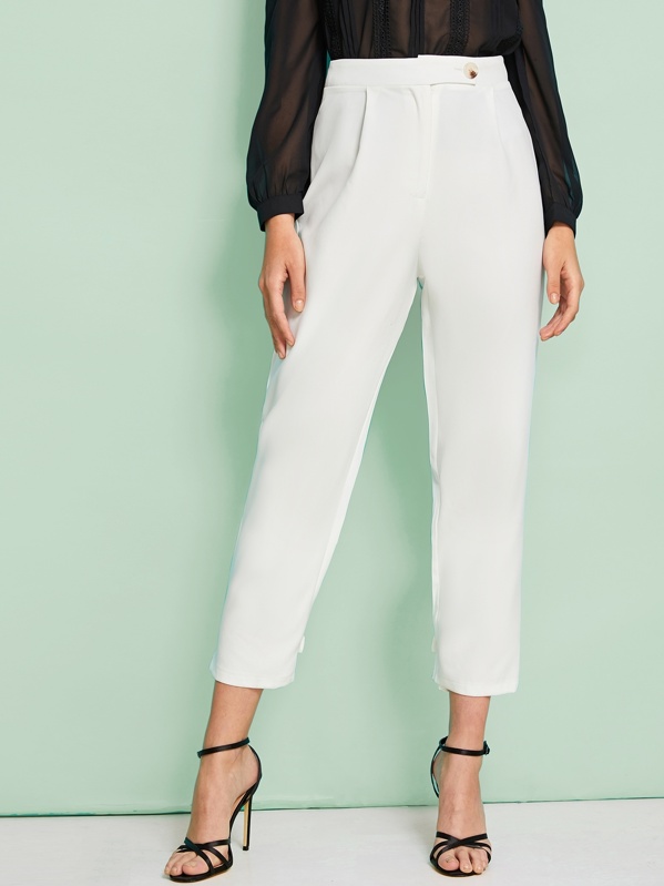 

Solid Button Detail High Waist Trousers, White, Luiza