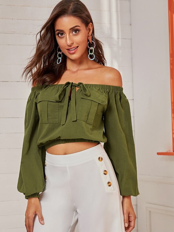 

Knot Front Off Shoulder Crop Top, Army green, Mary P.