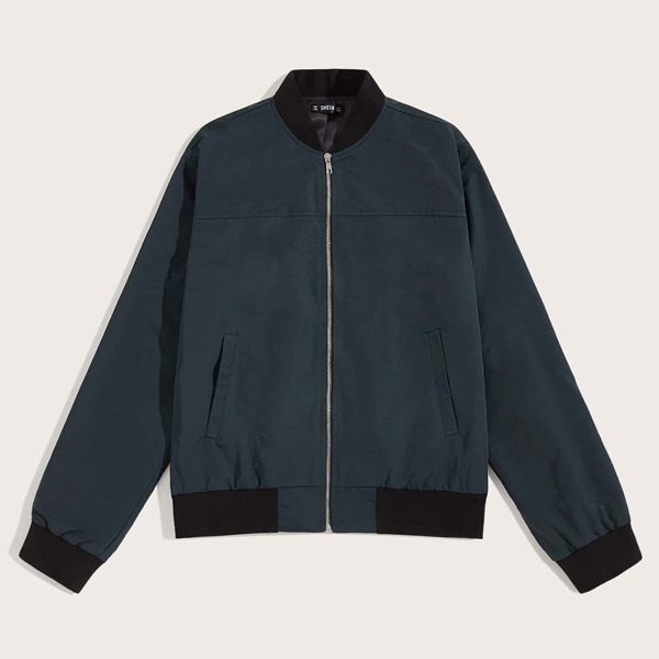 

Men Two Tone Pocket Side Zip Up Bomber Jacket, Navy