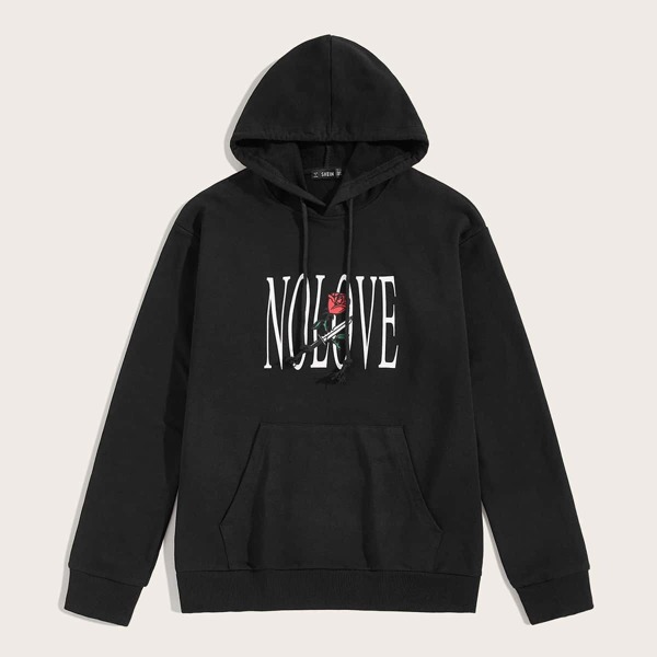 

Men Letter and Floral Print Pocket Front Hoodie, Black