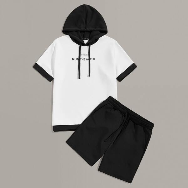 

Men Two Tone Slogan Graphic Hoodie and Slant Pocket Shorts Set, Black and white