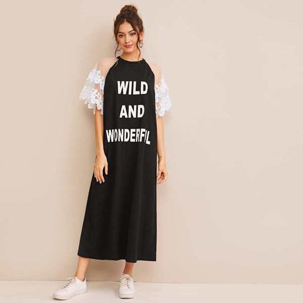 

Lace Trim Layered Mesh Raglan Sleeve Slogan Dress