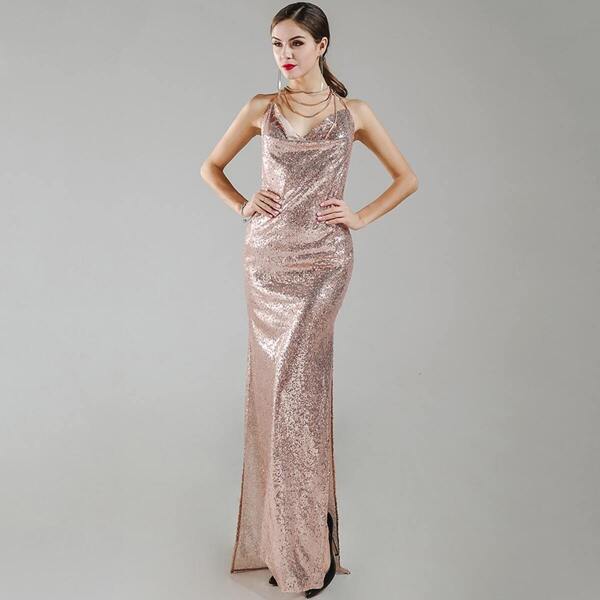 

Missord Split Thigh Backless Sequin Draped Halter Dress