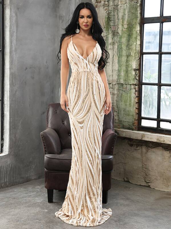 

Missord Zip Back Plunge Neck Sequin Floor Length Cami Dress, Beige