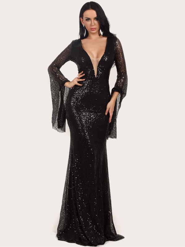 

Missord Mesh Insert Flounce Sleeve Sequin Maxi Dress, Black