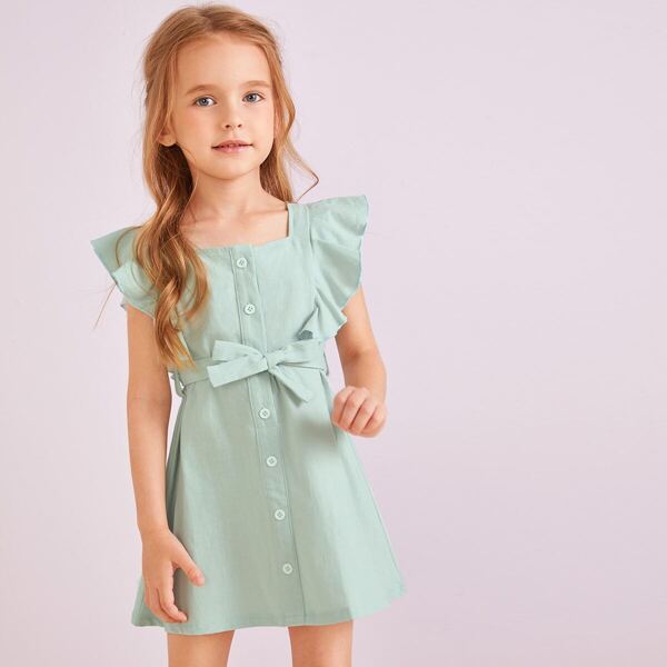

Toddler Girls Button Front Ruffle Cuff Belted Dress, Green pastel