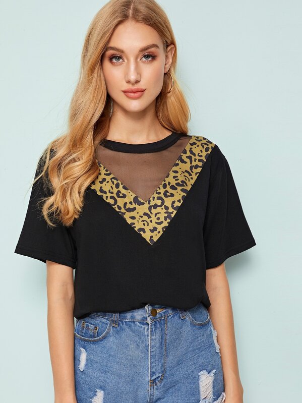 

Contrast Mesh Leopard Print Tee, Black, Mary B