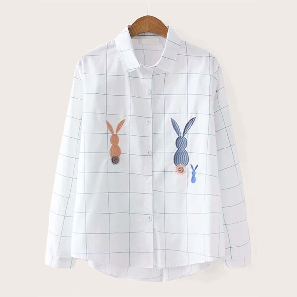 

Rabbit Embroidery High Low Plaid Blouse