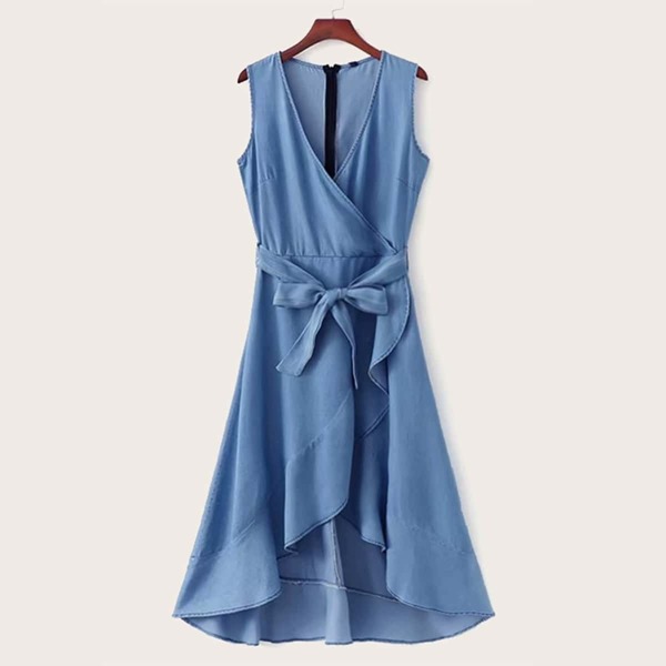 

Tulip Ruffle Hem Belted Denim Wrap Dress