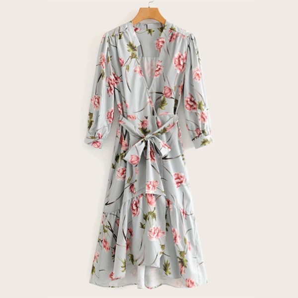 

Notched Neck Ruffle Hem Floral Print Belted Dress
