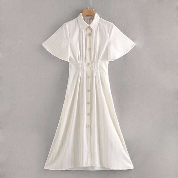 

Button Through Shirred Stripe Shirt Dress