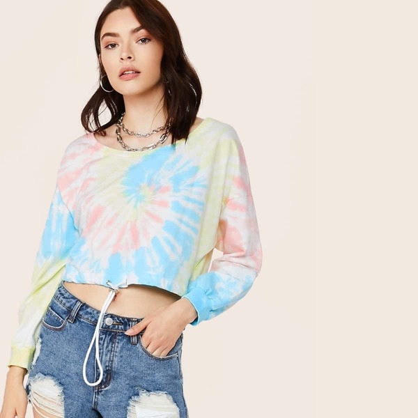 

Drawstring Hem Tie Dye Cropped Sweatshirt, Multicolor