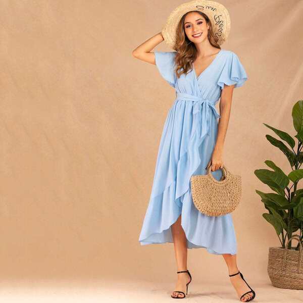 

Butterfly Sleeve Belted Tulip Hem Wrap Dress