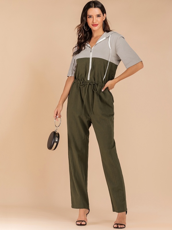 

Colorblock Zip Front Drawstring Hooded Jumpsuit, Army green, Juliana