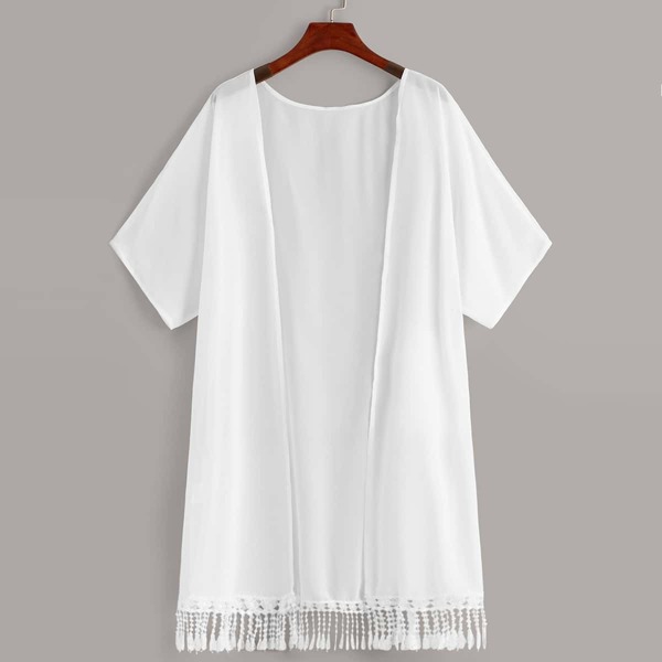 

Fringe Hem Solid Longline Kimono