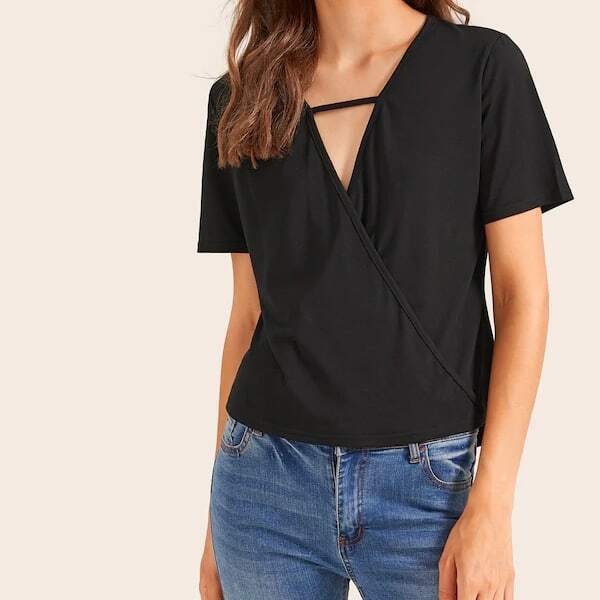 

Solid Surplice Front Tee, Black