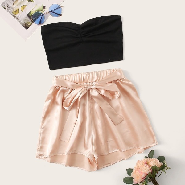 

Ruched Solid Tube Top With Satin Tie Front Shorts