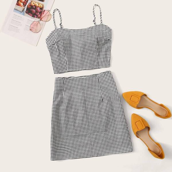 

Gingham Shirred Back Cami Crop Top & Skirt Set, Black and white