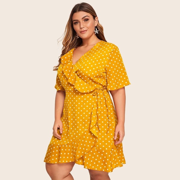 

Plus Polka Dot Tie Side Ruffle Hem Dress, Yellow