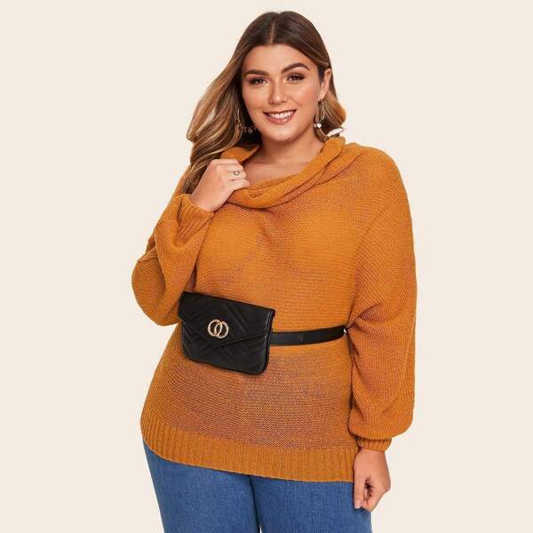 

Plus Batwing Sleeve Cowl Neck Sweater Without Bag, Brown