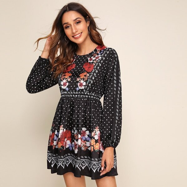 

Polka Dot Floral And Tribal Print Dress