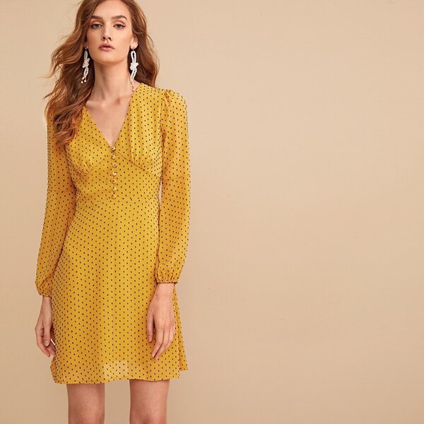 

V-neck Embroidered Button Front Dress