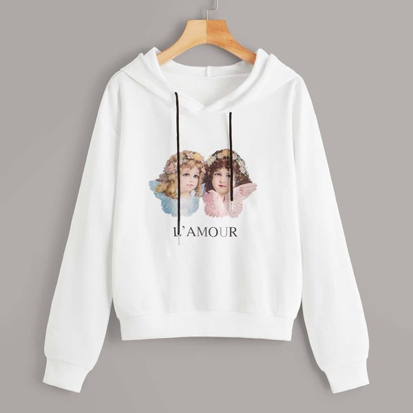 

Figure And Letter Graphic Drawstring Hooded Sweatshirt, White