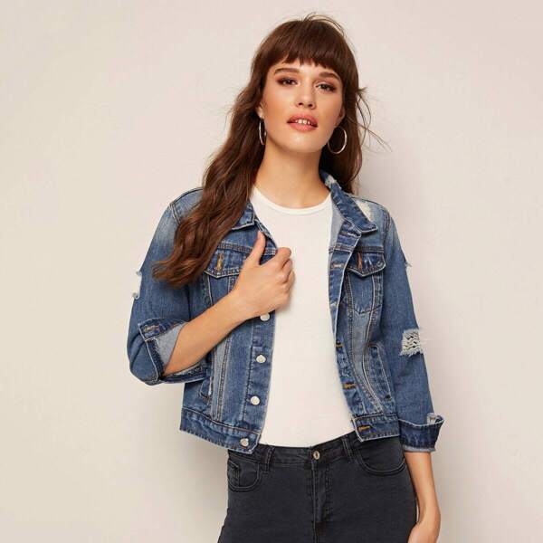 

Faded Ripped Crop Denim Jacket