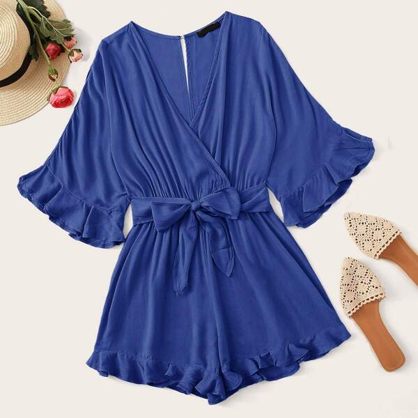 

Cut-out Back Ruffle Trim Surplice Neck Belted Romper, Blue