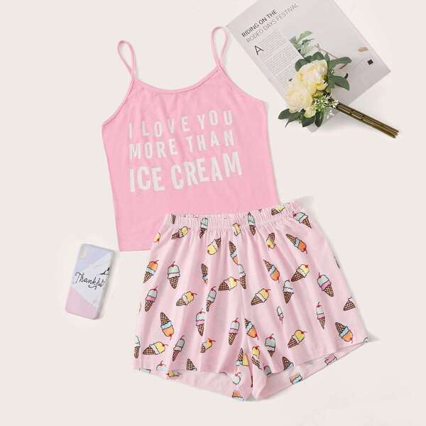 

Ice Cream & Letter Print Cami PJ Set, Pink