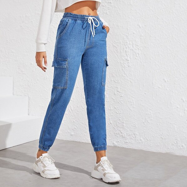 

Drawstring Waist Flap Pocket Jeans, Blue
