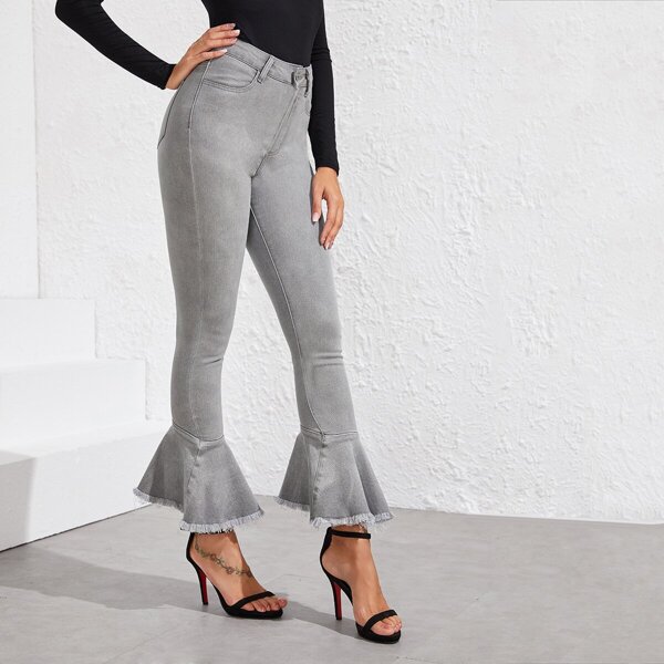 

Raw Hem Flare Leg Jeans, Grey