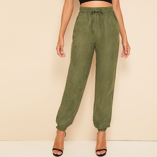 

Solid Drawstring Waist Elastic Hem Pants