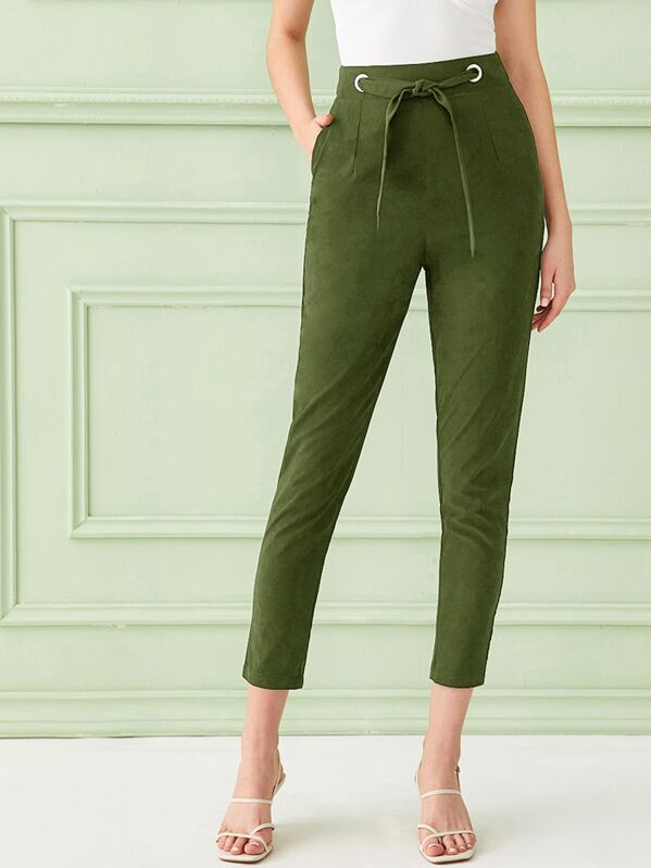 

Tie Front Crop Cigarette Pants, Army green, Natalia