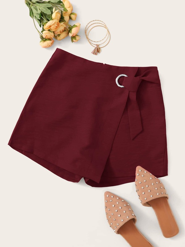 

Solid Ring Belted Wrap Skort, Burgundy