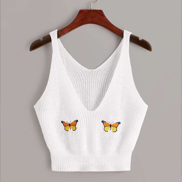 

Butterfly Embroidered Knit Top, White